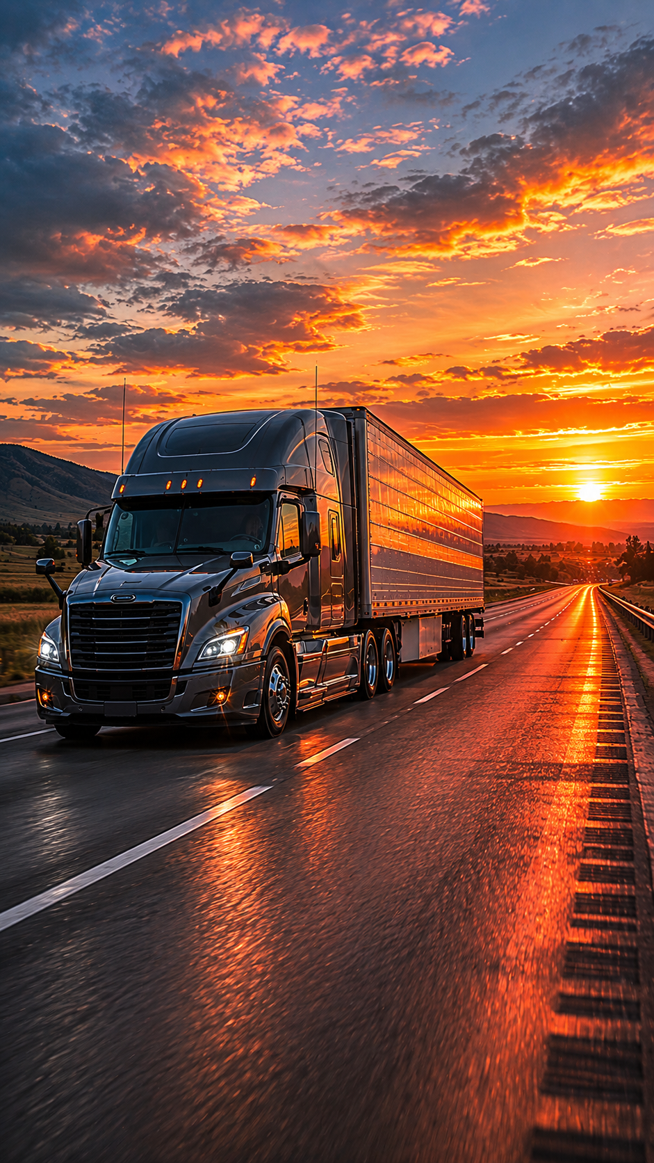 Truck on highway at sunset